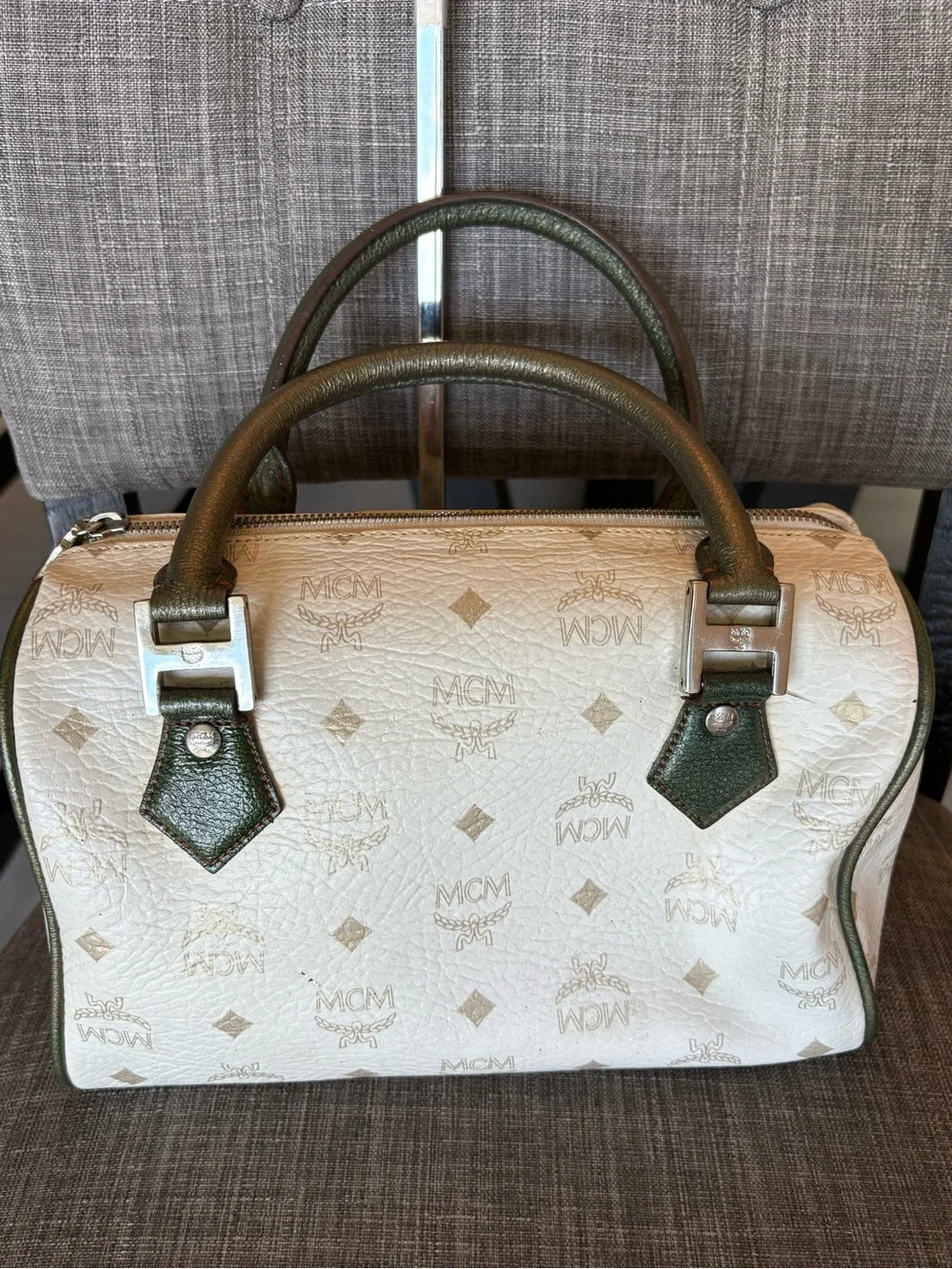 MCM White and Olive Leather Top-Handle Satchel